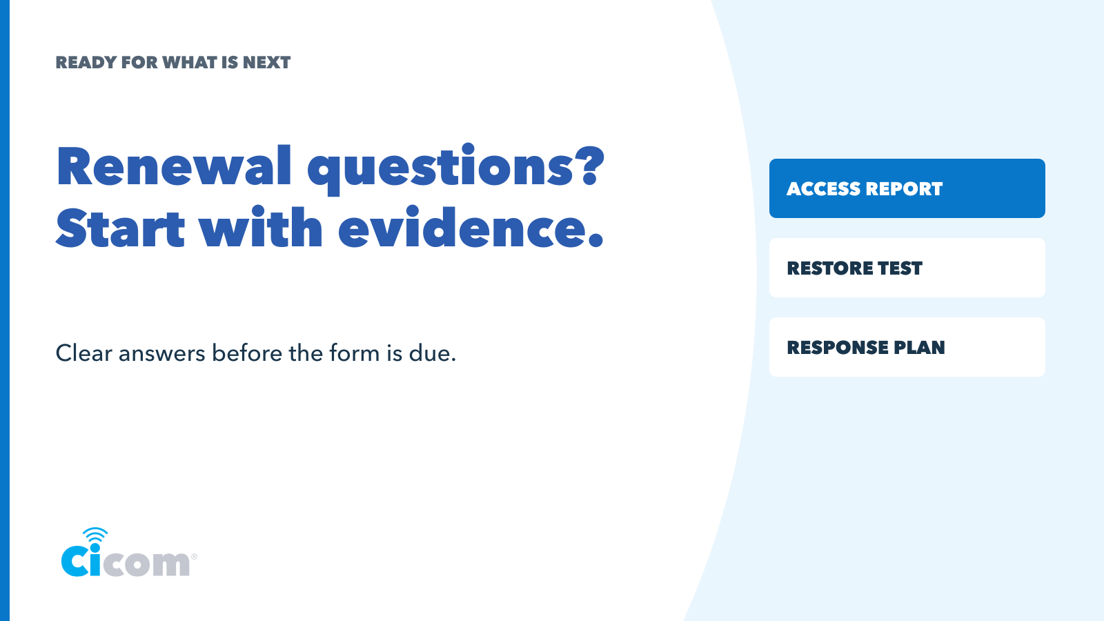 Cicom graphic reading Renewal questions? Start with evidence, alongside MFA report, restore test and response plan.